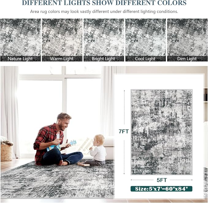 5x7 Area Rugs Washable Rug: Abstract Neutral Rugs Modern Non Slip Area Rug - Image 7