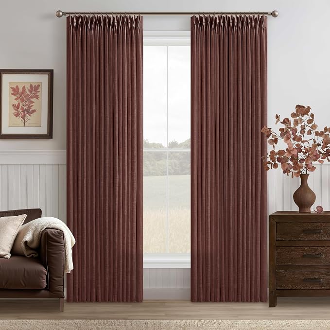 Rust Brown Linen Pleated Light Filtering Curtains by Twodrapes