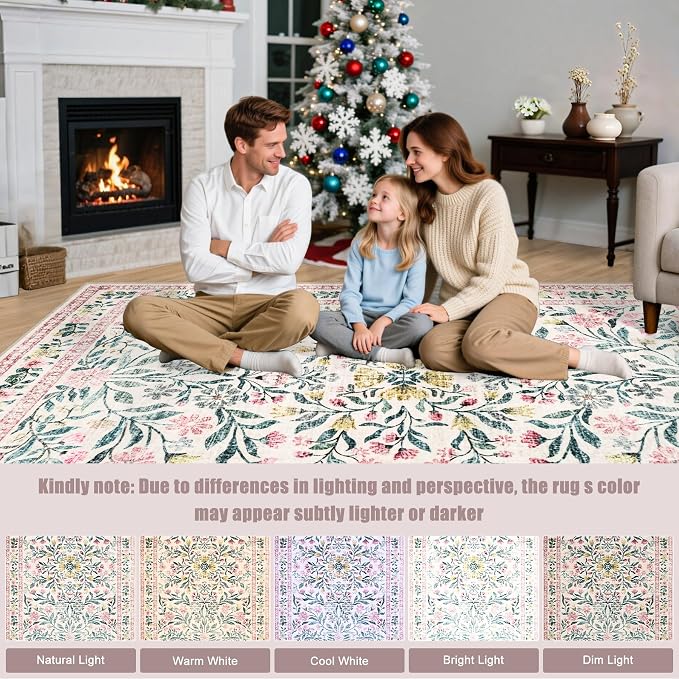 PLHXFR Area Rug 9x12 Living Room: Floral Washable Boho Carpet Pink Green | - Image 8