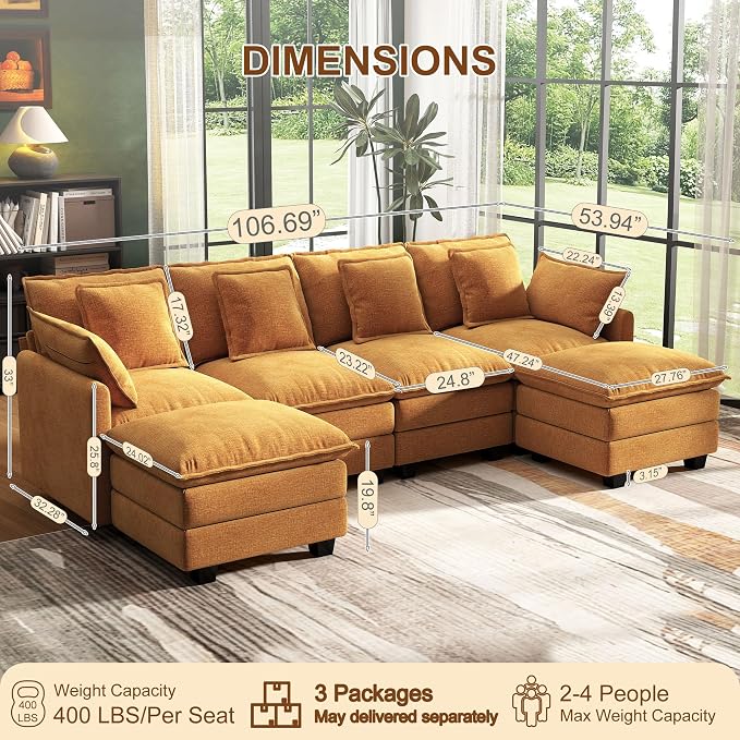 107" Cloud Couch Sectional, U Shaped Modular Sectional Sofa, 4-Seat Deep Seat - Image 3