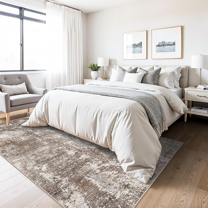 5x7 Area Rug Living Room Washable Neutral Brown Beige | Soft Low Pile Non Slip - Image 8