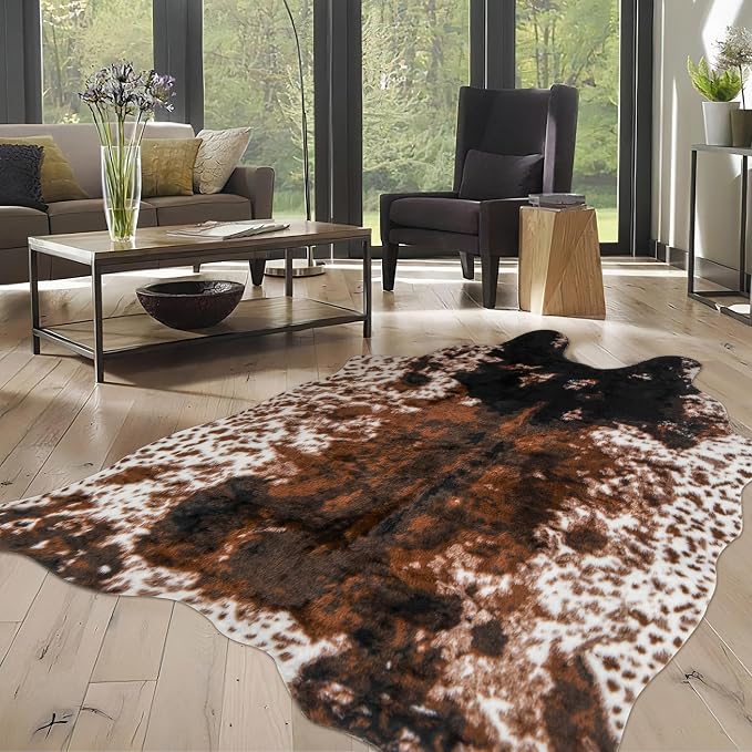 Cow Print Faux Cowhide Rug, Fluffy Fur 5.2x7 Feet Washable Cow Rugs by WARMHAVEN