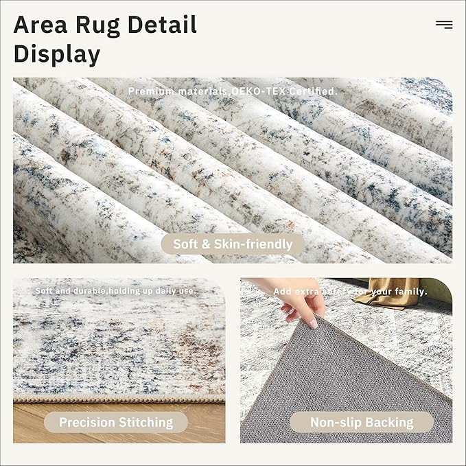 Soalmost 6x9 Area Rug for Living Room Washable Rugs Non-Slip Blue/Ivory | - Image 6