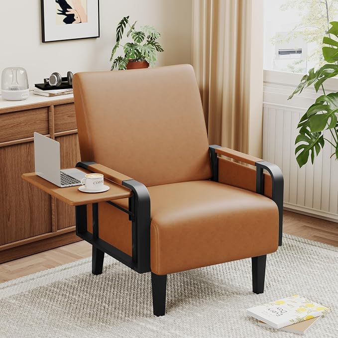 Andeworld Modern Brown Accent Chair, PU Leather Upholstered Armchair Side Chair by Andeworld