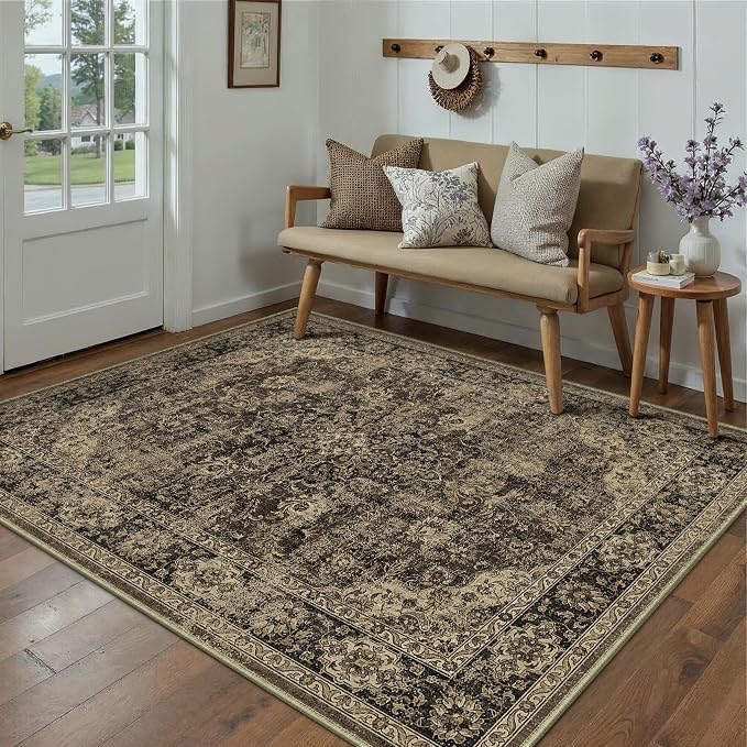 5x7 Brown Retro Floral Washable Area Rug by HUGEAR
