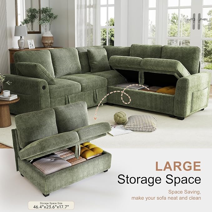 Hanherry Sectional Couch with Pull Out Sofa Bed, Corduroy Sleeper Sofa with 2 - Image 5