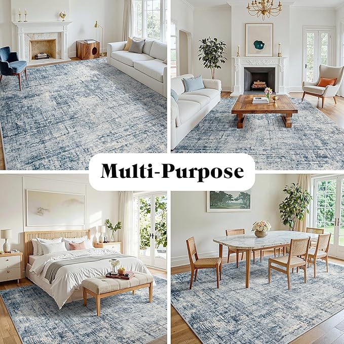 9x12 Washable Area Rug for Living Room Bedroom: Non-Slip Modern Blue Gold | - Image 3