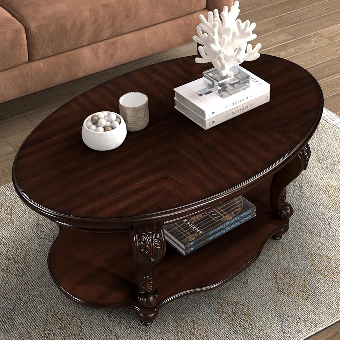 Oval Wood Coffee Table for Living Room, 2-Tier Solid Wood Coffee Table - Image 6