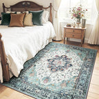 RELEANY Washable Area Rug, Teal Green/White/Navy | Non-Slip, Water Repellent - Image 3