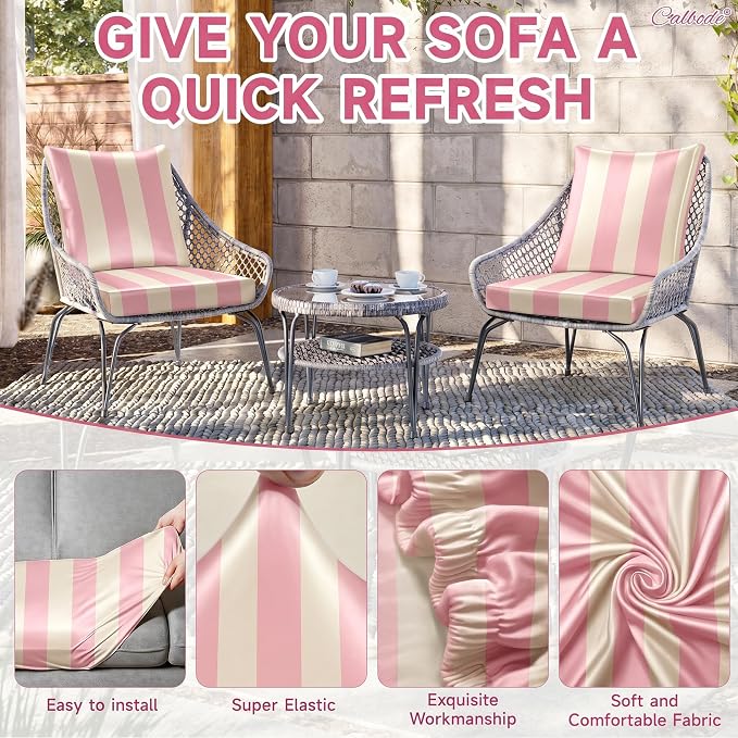 CALBODE 8 Pcs Stretch Outdoor Seat Cushion Covers, Washable Striped Chair Seat - Image 4