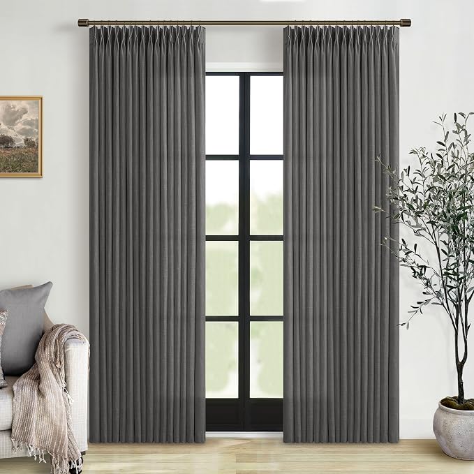 Dark Grey Pinch Pleated Linen Semi Sheer Curtains by Twodrapes
