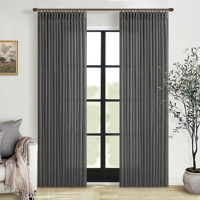 Dark Grey Light Filtering Pleated Linen Curtains 120 Inches Long 2 Panels | by Twodrapes