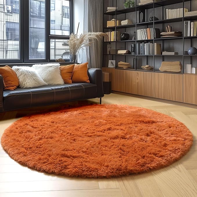Amdrebio Burnt Orange Fall Round Shag Area Rug 4Ft - Image 3