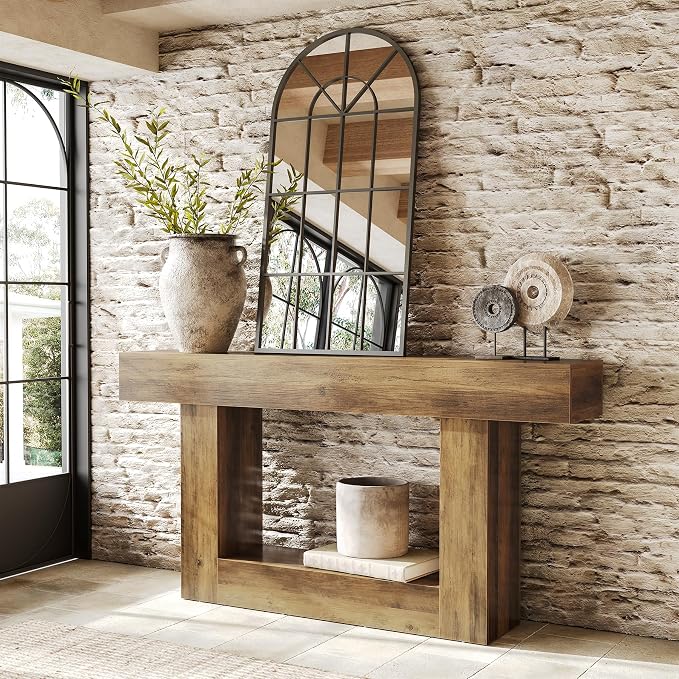 LITTLE TREE 63 Inches Long Console Table, 2-Tier Farmhouse Sofa Table Behind - Image 3