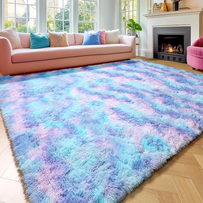 Amdrebio Purple Rainbow Mermaid Large Fuzzy Kids Rug 8x10 - Image 5