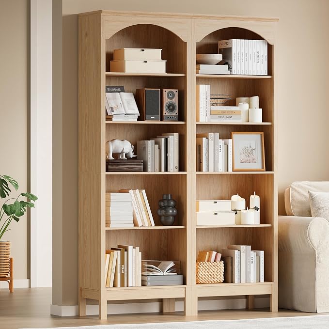 Arched Bookshelf with 5 Tier Open Shelves, Study and Living Room, Natural Oak - Image 3
