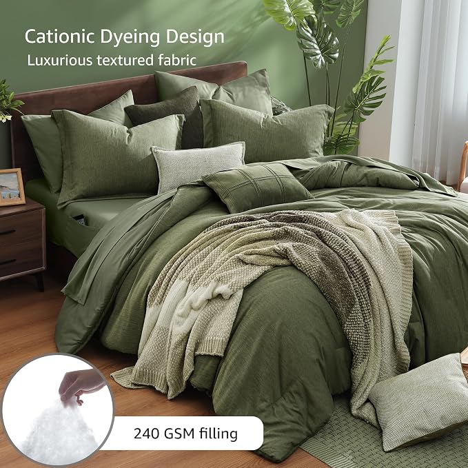 Monbix King Size Comforter Set, Olive Green King Bed Set Reversible, King Size - Image 4