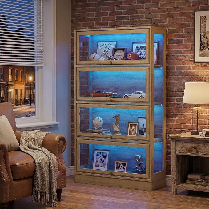 Display Cabinet with Acrylic Glass Doors, 4-Tiers Curio Cabinet with LED by BONITURE