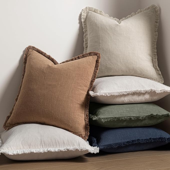 MIULEE Linen Fringe Decorative Fall Euro Throw Pillow Covers Brown 26x26 | Set - Image 5