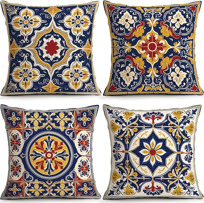 OBSEDE Throw Pillow Covers Set of 4, 18x18 Inch Blue and Yellow Mediterranean by OBSEDE