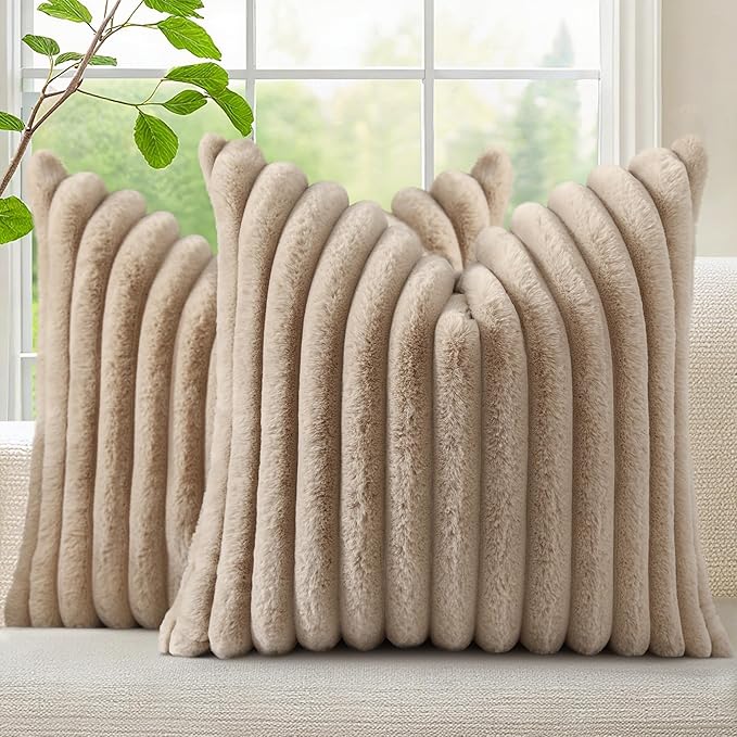 decorUhome Fall Faux Fur Throw Pillow Covers 16x16 Set of 2 Khaki Brown | by decorUhome