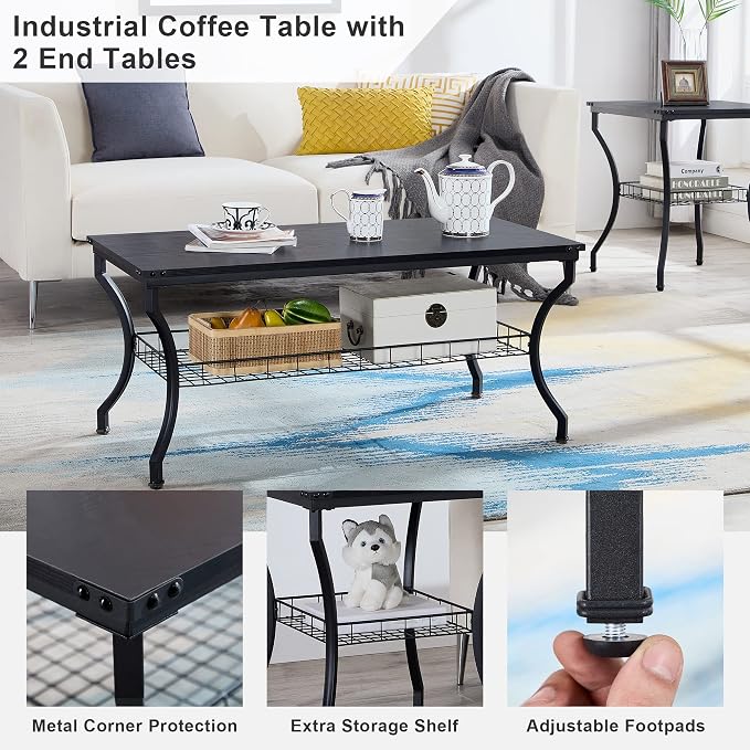 VECELO 3 Pieces Living Room Table Sets, Coffee and End Tables - Image 3