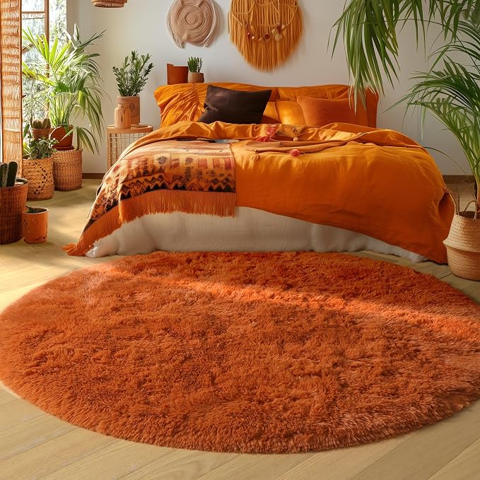 Amdrebio Burnt Orange Round Furry Area Rug 5Ft - Image 5