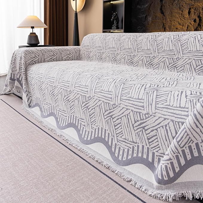 VClife Boho Couch Cover, Abstract White and Black Line Geometric Jacquard Couch - Image 5