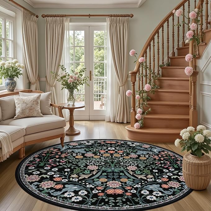 PLHXFR Round Area Rug Living Room: 6 ft Floral Washable Carpet Dark Black | - Image 2