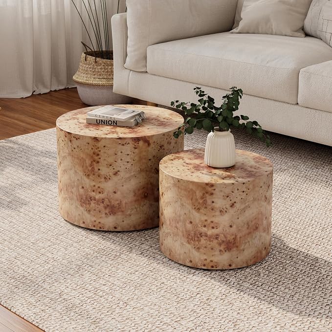 Nesting Coffee Table Set of 2 for Living Room, Modern Round Wooden Circle - Image 3
