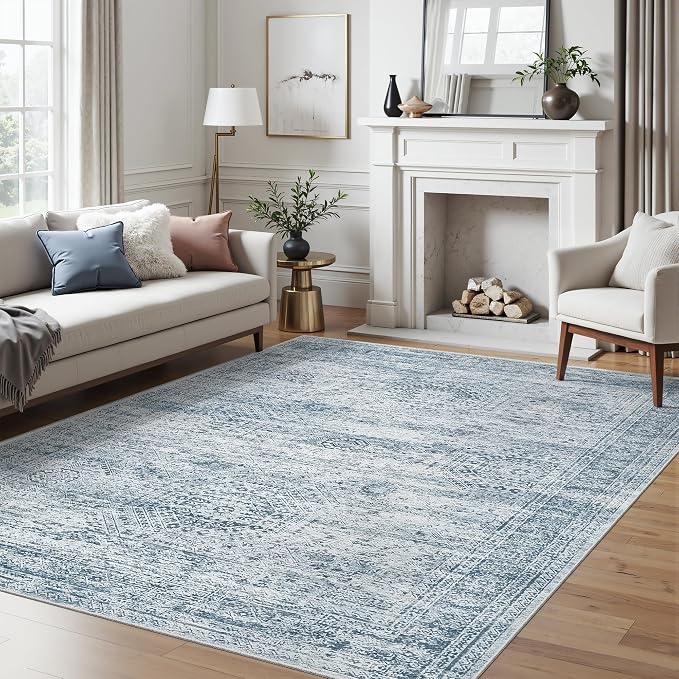 Soalmost 6x9 Area Rug for Living Room Washable Rugs Non-Slip Blue | Low-Pile - Image 2