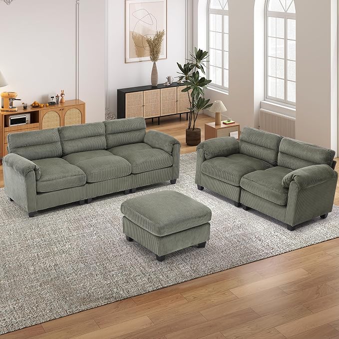 HAOMARKETS Corduroy Sofa Set, Upholstered Ottoman, and 3-Seater Couch - Image 3
