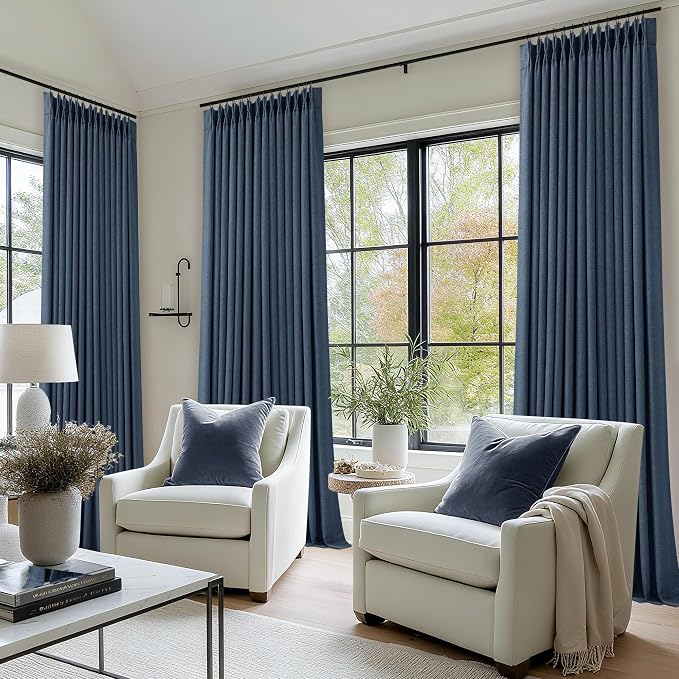Navy Blue Pinch Pleated Linen Blend Full Blackout Curtains 86 Inch Length | - Image 9