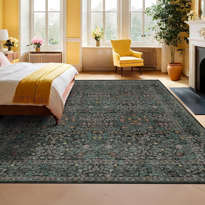 Vintage Dark Green Living Room Rug, 7x10 Washable Area Rugs - Image 7