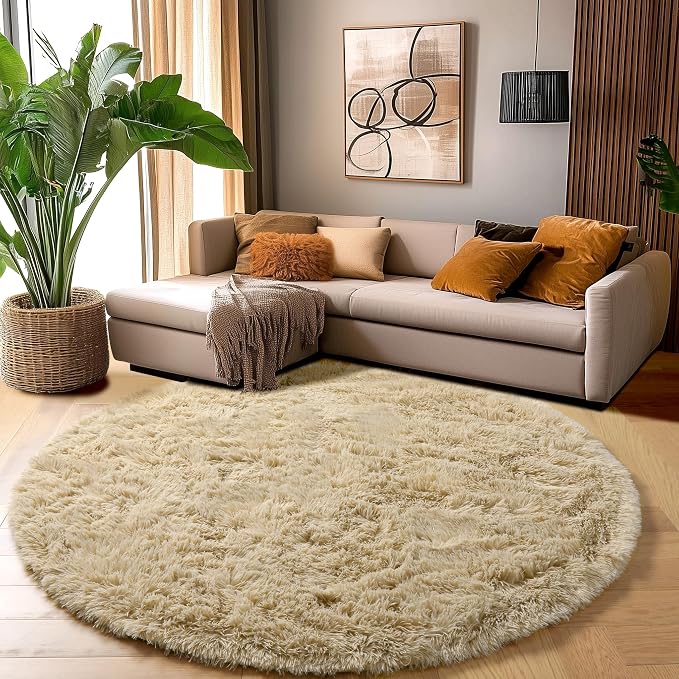 Amdrebio Beige Boho Shag Round Circle Area Rug 6Ft - Image 5