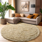 Amdrebio Beige Boho Round Fuzzy Area Rug 5Ft - Image 3