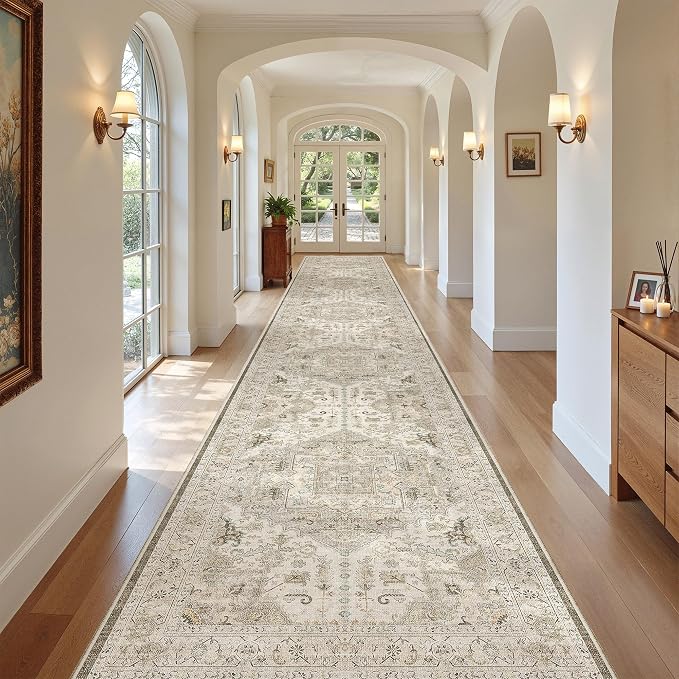 Madane Hallway Runner Rug 3x18 Washable Kitchen Runners 18ft, Ivory/Brown | by Madane