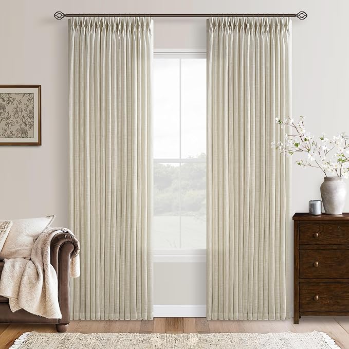 Neutral Beige Linen Pleated Light Filtering Curtains 84 Inches Long 2 Panel | - Image 7