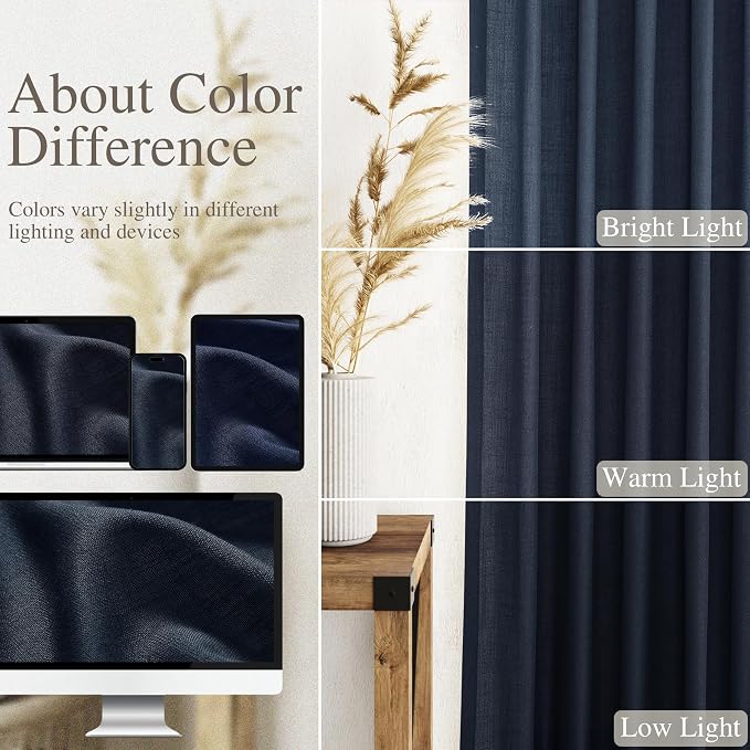 Navy Blue Linen Curtains for Living Room 2 Panels Set Extra Long Back Tab Light - Image 4