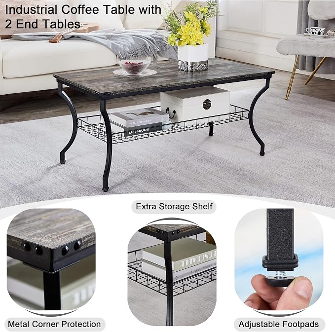 VECELO 3 Pieces Living Room Table Sets, Coffee and End Tables - Image 3