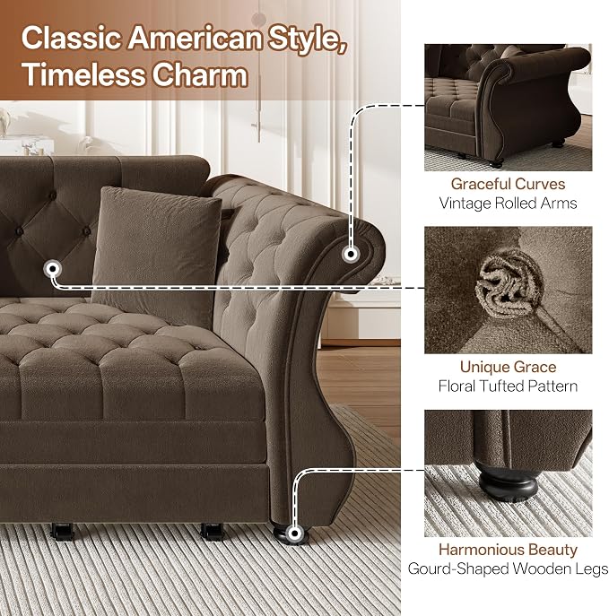 97.6" Oversized Pull Out Sofa Bed, Chesterfield Velvet Sleeper Sofa Couch - Image 4