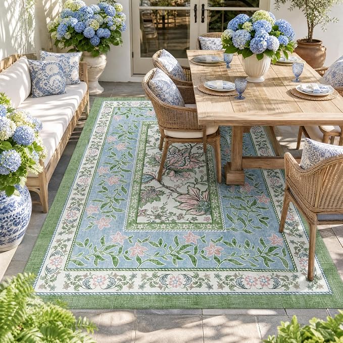 GarveeHome Blue Green Pink Washable 5x7 Area Rugs, Botanical Grove Vintage - Image 3
