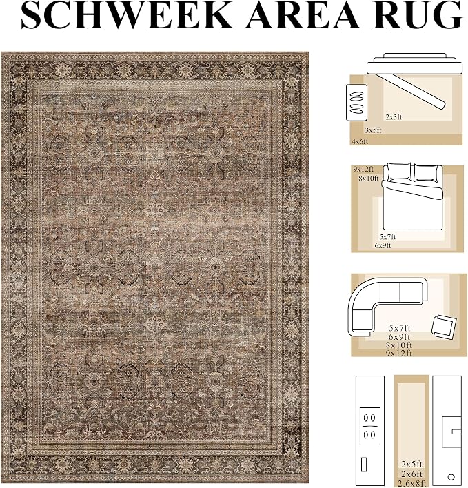 Schweek 10x14 Washable Area Rug Brown Neutral Vintage Distressed Large Rugs | - Image 2