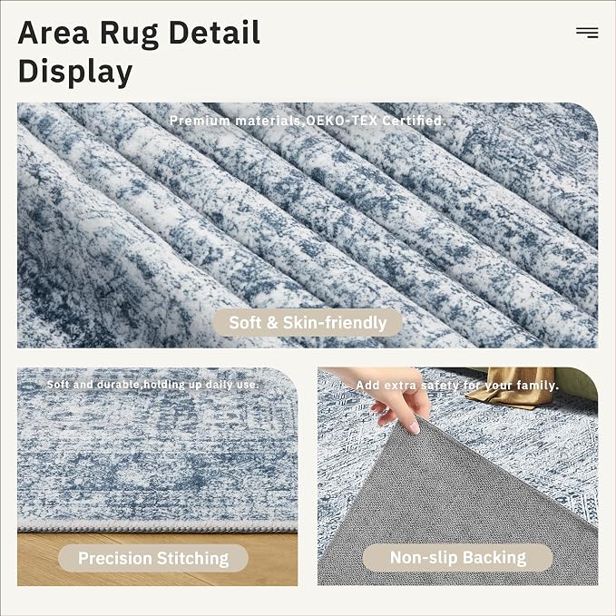Soalmost 5x7 Area Rugs Blue Low Pile Washable Trendy Faded Style Rug | Vintage - Image 5