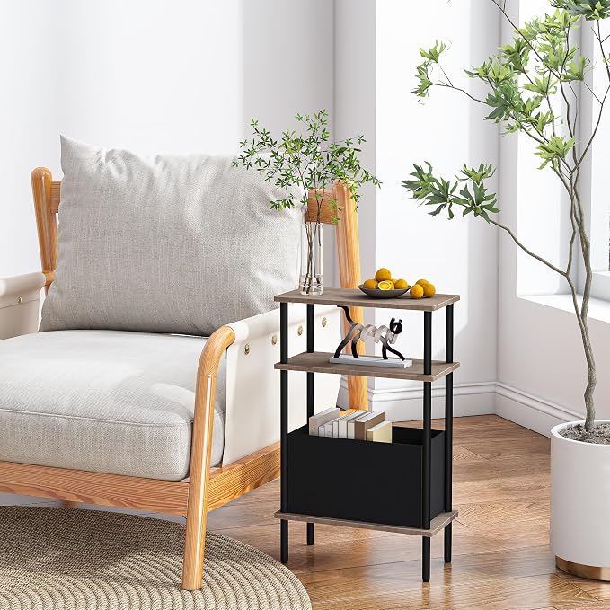 Narrow Side Table with Fabric Basket, Slim Nightstand with 3-Tier Storage Shelf - Image 8