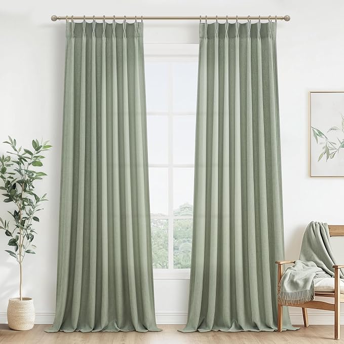 Memory Trained Pinch Pleated Linen Sage Green 100 Inch Long Sheer Curtains | by PleatedDrapes