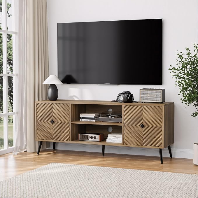 Smuxee Walnut TV Stand with Fluted Diamond Doors, 55.12" Mid Century Modern TV by Smuxee