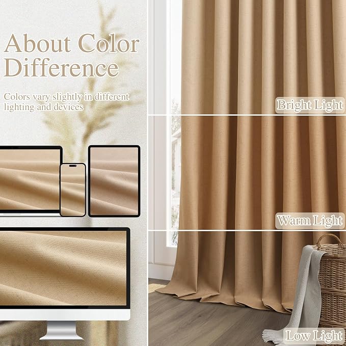 Camel Brown 100% Blackout Linen Curtains 63 Inch Length 2 Panels Set - Image 7