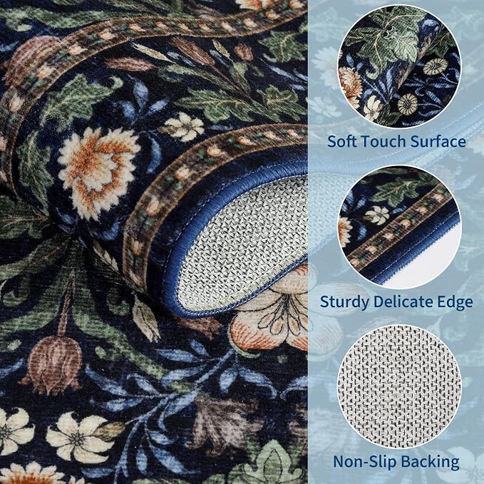 GarveeHome Green Washable Area Rug 5x7, Retro Floral Low Pile Non Slip Living - Image 4