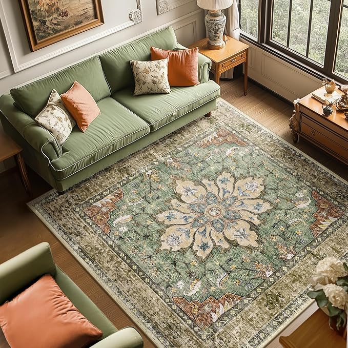 RELEANY Washable Area Rug, Square 6'x6', Brick/Brown/Green | Non-Slip, Water by RELEANY